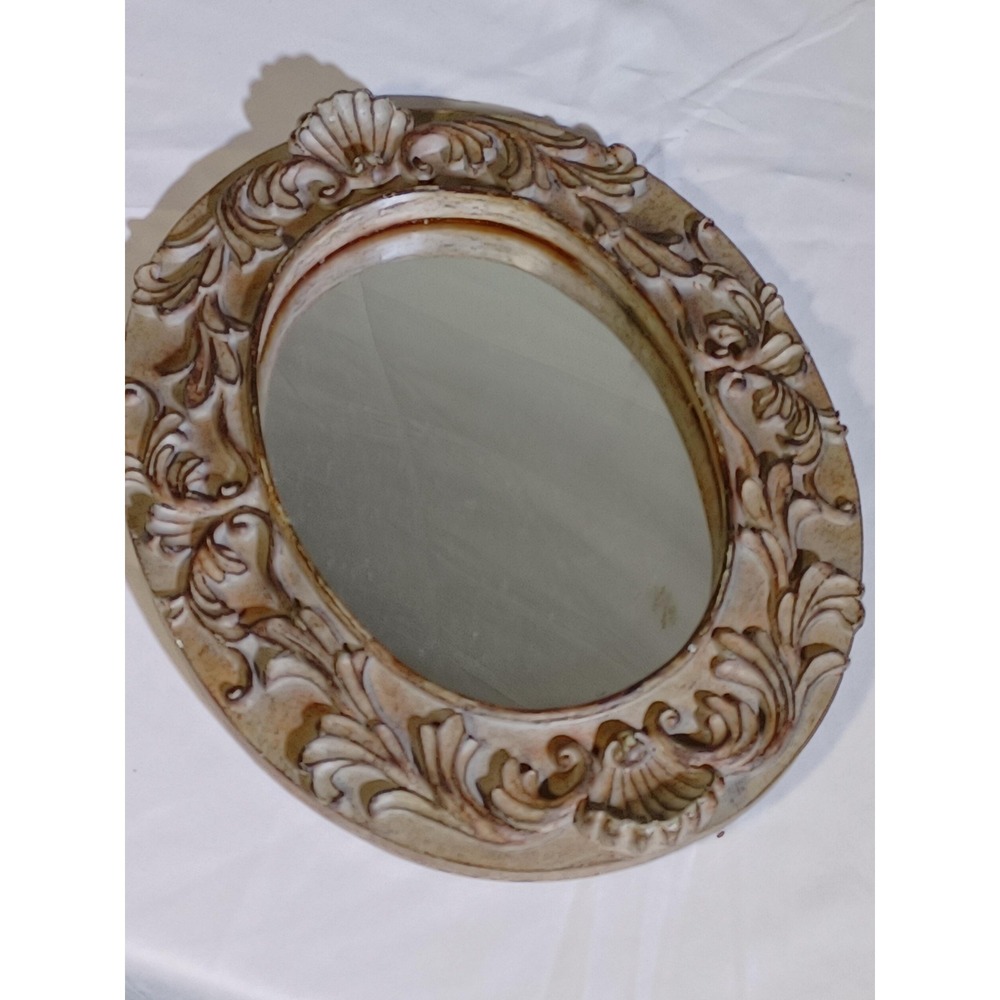 Bella Casa Oval Wall Mirror Beige Resin Frame Distressed Shabby Chic Accent - Picture 2 of 3